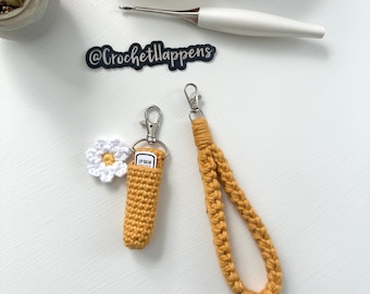 Crocheted Wristlet and Daisy LipBalm Holder Keychain Set, Keyfob