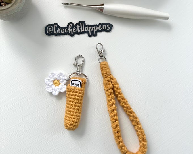 Crocheted Wristlet and Daisy LipBalm Holder Keychain Set, Keyfob