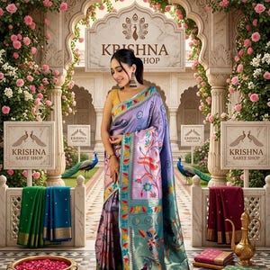 Könnte beinhalten: Eine Frau trägt einen lila- und türkisfarbenen Sari mit Blumen- und Pfauenmustern. Der Sari wird vor einem Geschäft mit dem Schild "KRISHNA SHOP" präsentiert. Der Hintergrund zeigt rosa Rosen und architektonische Details.