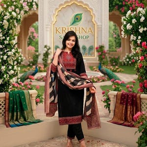 May include: A woman in a black salwar kameez with red and beige embroidery, and a patterned scarf. The background features a sign that reads "KRISHNA SHOP". The setting is an outdoor garden with floral decorations and peacocks.
