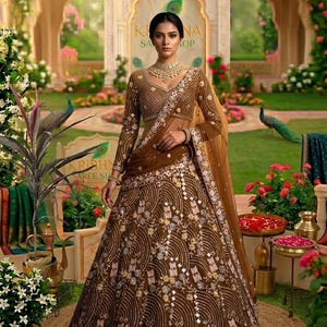 Lehenga de red con forma de mariposa acampanada, bordado con lentejuelas de espejo auténticas, vuelo de 4 metros.