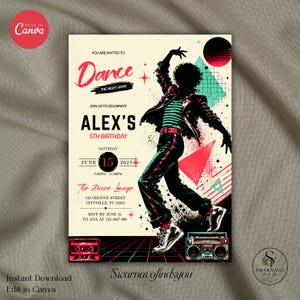 Könnte beinhalten: Eine Geburtstagseinladung im Retro-Stil mit einer tanzenden Figur-Silhouette. Die Einladung enthält den Text "Dance" und "Alex's 5th Birthday". Das Design umfasst geometrische Formen, einen Ghettoblaster und das Datum 15. Juni 2027.