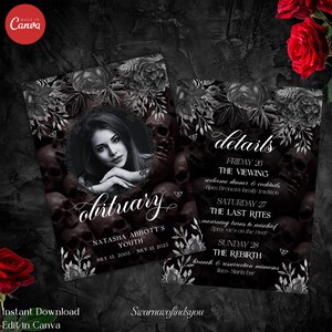 May include: Two-page obituary announcement with a gothic theme. The left page features a portrait of a young woman, surrounded by skulls and floral elements. The right page lists event details. The text includes "obituary", "Natasha Abbott's Youth", and dates.