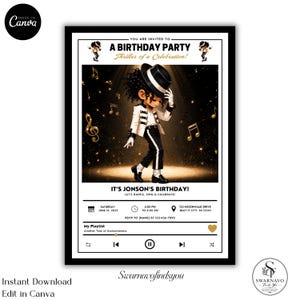 Könnte beinhalten: Eine Geburtstagseinladungsvorlage mit einer Zeichentrickfigur in weißer Jacke, schwarzer Hose und Fedora, mit goldenen Musiknoten auf dunklem Hintergrund. Der Text lautet: A BIRTHDAY PARTY, Thriller of a Celebration, IT'S JONSON'S BIRTHDAY.