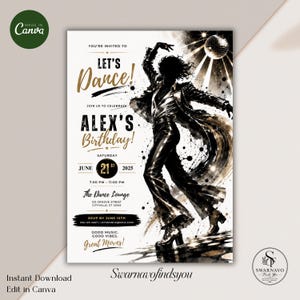 Könnte beinhalten: Eine Party-Einladung mit dem Text "Let's Dance!" und "Alex's Birthday!" in Gold und Schwarz. Das Design zeigt eine stilisierte Illustration einer tanzenden Person mit einer Discokugel im Hintergrund. Das Datum ist der 21. Juni 2025.
