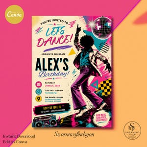 Könnte beinhalten: Eine Party-Einladung im Retro-Stil mit dem Text "Let's Dance!" und "Alex's Birthday!" zeigt eine Illustration eines Disco-Tänzers. Das Design umfasst eine Discokugel, geometrische Formen und Eventdetails. Sofortiger Download.