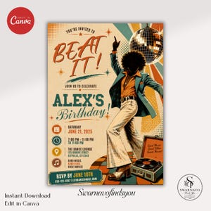 Könnte beinhalten: Eine Einladung im Vintage-Stil mit dem Text "BEAT IT!" und "ALEX'S Birthday!" zeigt eine Retro-Illustration einer tanzenden Person. Die Einladung enthält Eventdetails, eine Discokugel und einen Plattenspieler. Das Farbschema ist Beige, Orange und Türkis.