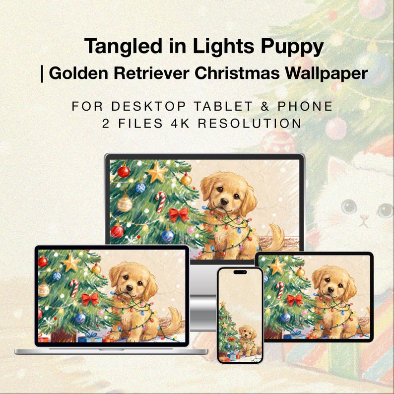 Tangled in Lights Puppy | Golden Retriever Christmas Wallpaper - Etsy