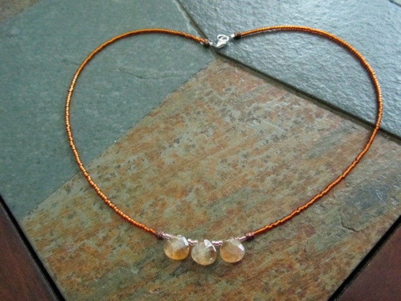 Citrine Teardrops and Coppery Glass Seed Bead Minimalist Necklace Natural Stone Necklace