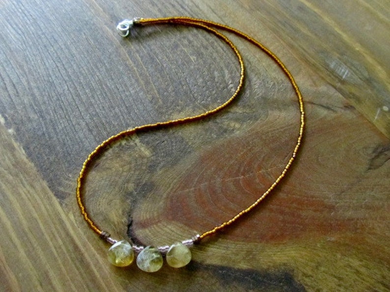 Citrine Teardrops and Coppery Glass Seed Bead Minimalist Necklace Natural Stone Necklace