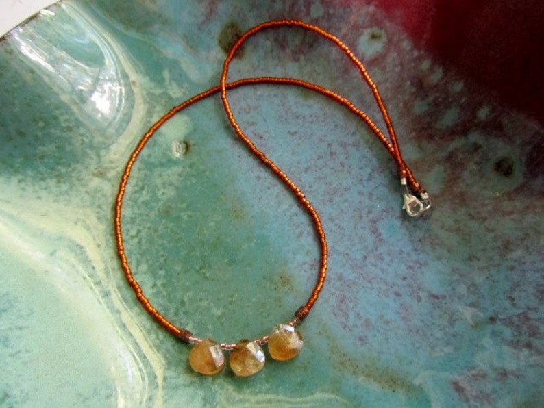 Citrine Teardrops and Coppery Glass Seed Bead Minimalist Necklace Natural Stone Necklace