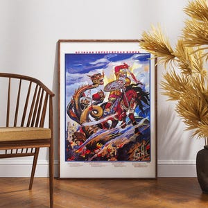 May include: A framed vintage-style poster titled "ВЕЛИКАЯ ЕВРОПЕЙСКАЯ ВОЙНА" featuring a colorful illustration of a knight on a red horse battling a multi-headed dragon. The artwork displays dramatic blue skies, fiery landscapes, and detailed armor.
