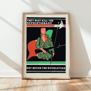 May include: A framed poster featuring a stylised illustration of a person in camouflage clothing holding a rifle and a halberd. The text reads "THEY MAY KILL THE REVOLUTIONARY" and "BUT NEVER THE REVOLUTION" against a background of red, green, and black.