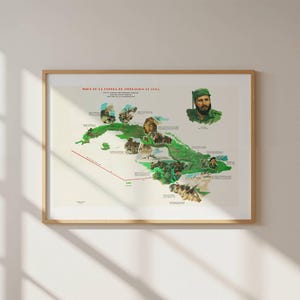 May include: A framed historical map of Cuba printed on a light background, featuring a green illustration of the island, various small black and white historical photographs, and a portrait of Fidel Castro in the upper right corner.