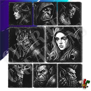 Puede incluir: Una colección de retratos de personajes de fantasía en blanco y negro, que incluyen una guerrera, un orco y una figura con capucha. Las imágenes están impresas en baldosas cuadradas de pizarra texturizada, mostrando obras de arte detalladas.