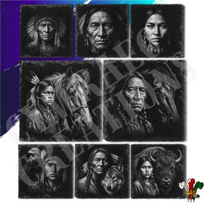 May include: A set of square slate coasters with monochrome portraits of Native American figures, horses, and a wolf. The images are detailed and artistic, showcasing facial expressions and traditional clothing.