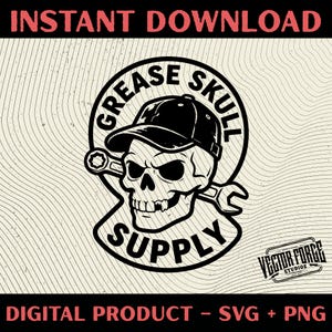 Pode incluir: Gráfico digital em preto e branco com uma caveira usando um boné de beisebol e segurando uma chave inglesa. A caveira é o elemento central, rodeada pelas palavras "GREASE SKULL SUPPLY". A imagem também inclui o texto "INSTANT DOWNLOAD" e "DIGITAL PRODUCT - SVG + PNG".