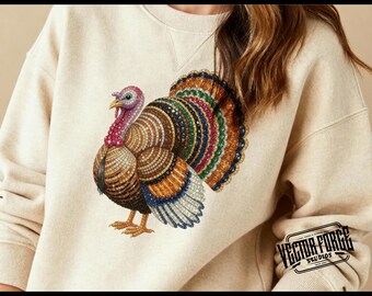 Faux Rhinestone Turkey PNG, Thanksgiving Digital Download, Fall Sublimation Design, Cozy Shirt Clipart