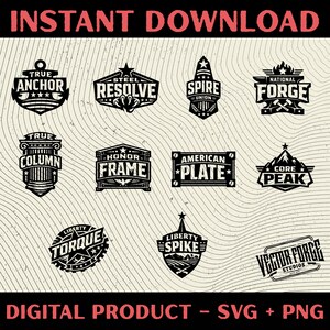 May include: A collection of black and white vector graphics with various designs, including anchors, columns, and mountain peaks. The text "INSTANT DOWNLOAD" and "DIGITAL PRODUCT - SVG + PNG" are displayed at the top and bottom.
