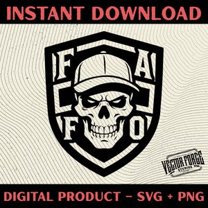 May include: A black and white graphic design of a skull wearing a baseball cap, enclosed within a shield. The design includes the text "IFAFO" and the words "INSTANT DOWNLOAD" and "DIGITAL PRODUCT - SVG + PNG".