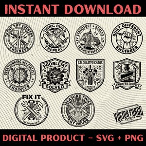Könnte beinhalten: Eine digitale Download-Grafik mit schwarz-weißen Designs zum Thema Ingenieurwesen. Die Designs umfassen kreisförmige und schildförmige Abzeichen mit Text wie "Trust the Process", "Think, Build, Repeat" und "Fix It". Die Wörter "Instant Download" und "Digital Product - SVG + PNG" sind ebenfalls sichtbar.
