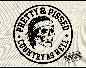 Pretty & Pissed Country As Hell Hat Patch SVG | Skull Bandana Laser Engraving Design for Glowforge Xtool Cricut | Southern Humor Vector file