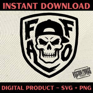 以下が含まれることがあります： 野球帽をかぶった骸骨の白黒デジタルグラフィック。シールドの形の中にあります。「FAF O」の文字がデザインに組み込まれています。「INSTANT DOWNLOAD」と「DIGITAL PRODUCT - SVG + PNG」の文字も表示されています。