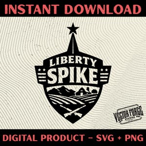 以下が含まれることがあります： 黒と白のデジタルデザイン。シールド内に「LIBERTY SPIKE」の文字。星、ストライプ、交差したライフルを備えた田園風景が含まれています。「INSTANT DOWNLOAD」と「DIGITAL PRODUCT - SVG + PNG」の文字も表示されています。