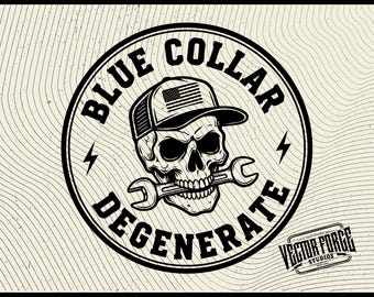 Blue Collar Degenerate Hat Patch SVG | Mechanic Skull Trucker Cap Design | Funny Work Engraving File for Glowforge Cricut