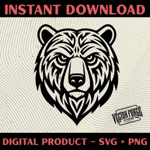 May include: A black and white illustration of a bear's head with a detailed tribal design. The image features the text "INSTANT DOWNLOAD" at the top and "DIGITAL PRODUCT - SVG + PNG" at the bottom. The Vector Force Studios logo is in the bottom right.