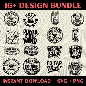 Op de afbeelding: Een verzameling van 16+ golf-thema ontwerpen in zwart en wit. Elk ontwerp toont golfballen, clubs en humoristische zinnen zoals "Tee Time Therapy" en "Wrong Club". De ontwerpen zijn gerangschikt op een getextureerde, lichtbeige achtergrond.