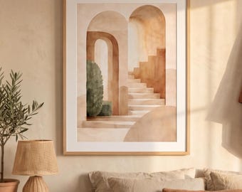 Affiche d'architecture méditerranéenne pour salon, tableau représentant un escalier voûté couleur terre cuite beige, impression aquarelle style bohème, décoration