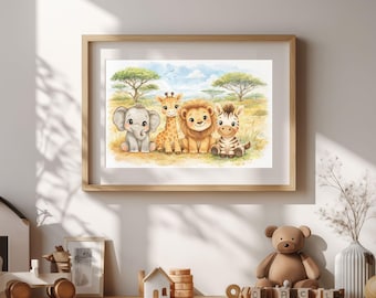 Cute Safari Animals Wall Art, Watercolor Animal Illustration for Nursery, Baby Room Decor with Elephant Lion Giraffe Zebra