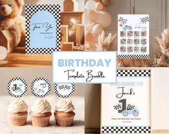 Fast One Birthday, Blue Race Car Birthday Party Template Bundle, Race car invitation, Milestone posters