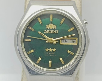 Orient Crystal Cal.4691 Automatic Green Dial Day/Date Vintage Men’s Watch Japan