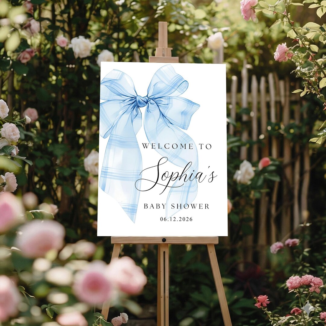 Blue Bow Baby Shower Welcome Sign Poster – Personalized Elegant Baby ...