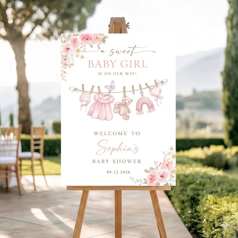 Baby Girl Shower Welcome Sign Poster, Personalized Floral Baby Shower ...