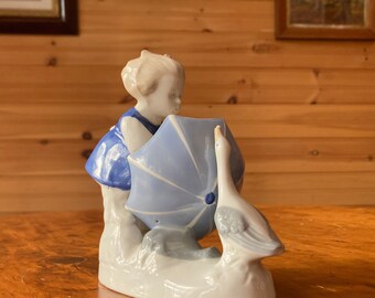 Vintage GDR Lippelsdorf Girl with Umbrella and Goose Duck Porcelain Figurine V.E.B. Porzellanfiguren GDR German Porcelain Girl