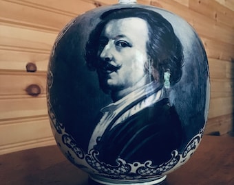 Jarrón retrato Mehlem Royal Bonn Delft Van Dyck c. 1890-1920 Antiguo azul cobalto Autorretrato con un girasol Barroco flamenco