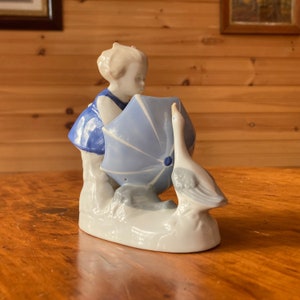 Vintage GDR Lippelsdorf Girl with Umbrella and Goose Duck Porcelain Figurine V.E.B. Porzellanfiguren GDR German Porcelain Girl
