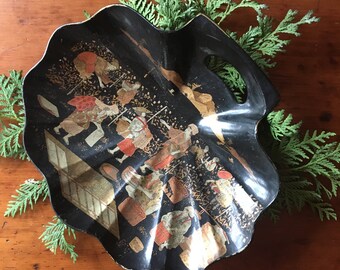 Antique crumb tray shell shaped bowl Victorian paper mache tea harvest scene c. 1800s