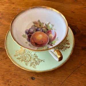 Shelley Fruit Teacup and Saucer Green Gold Rose c. 1964-1966 Vintage Fine Bone China Made in England Shelley Tea cup with Saucer