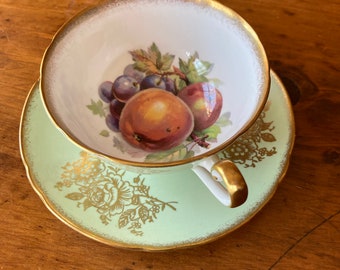 Shelley Fruit Teacup and Saucer Green Gold Rose c. 1964-1966 Vintage Fine Bone China Made in England Shelley Tea cup with Saucer