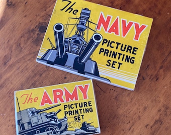 Vintage Army and Navy Rubber Stamp Kits - Jeeps, Tanks, Battleships, Soldiers Scrapbooking WW2 Toys Original Boxes