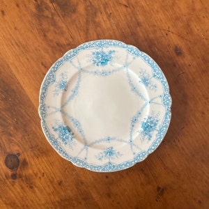 SET of 10 Antique Foley (pre-Shelley) Luncheon Plates (18cm across) Turquoise Teal Blue &quot;Basket of Flowers&quot; EXCELLENT CONDITION c. 1901
