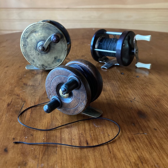 Vintage Fishing Reels THREE Solid Brass, Wood Brass, and Bakelite/nickel  Fisherman Gift Father's Day Gift for Him Cabin Cottage Decor -   Australia