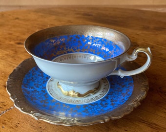 Vintage ALKA Kunst Alboth & Kaiser Kronach Footed Tea Cup and Saucer Bavaria Germany US Zone ALKA Teacup Blue and Gold Cup and Saucer c 1940