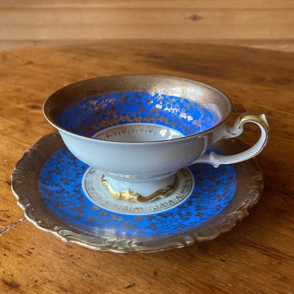 Vintage ALKA Kunst Alboth & Kaiser Kronach Footed Tea Cup and Saucer Bavaria Germany US Zone ALKA Teacup Blue and Gold Cup and Saucer c 1940