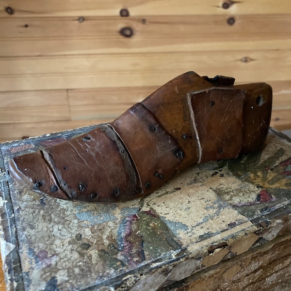 Antique Cobbler's Wood Shoe Form, Shoe Last Shoe Mould Shoe Mold with Leather Patches Handcarved c. 1920s Beautiful Patina