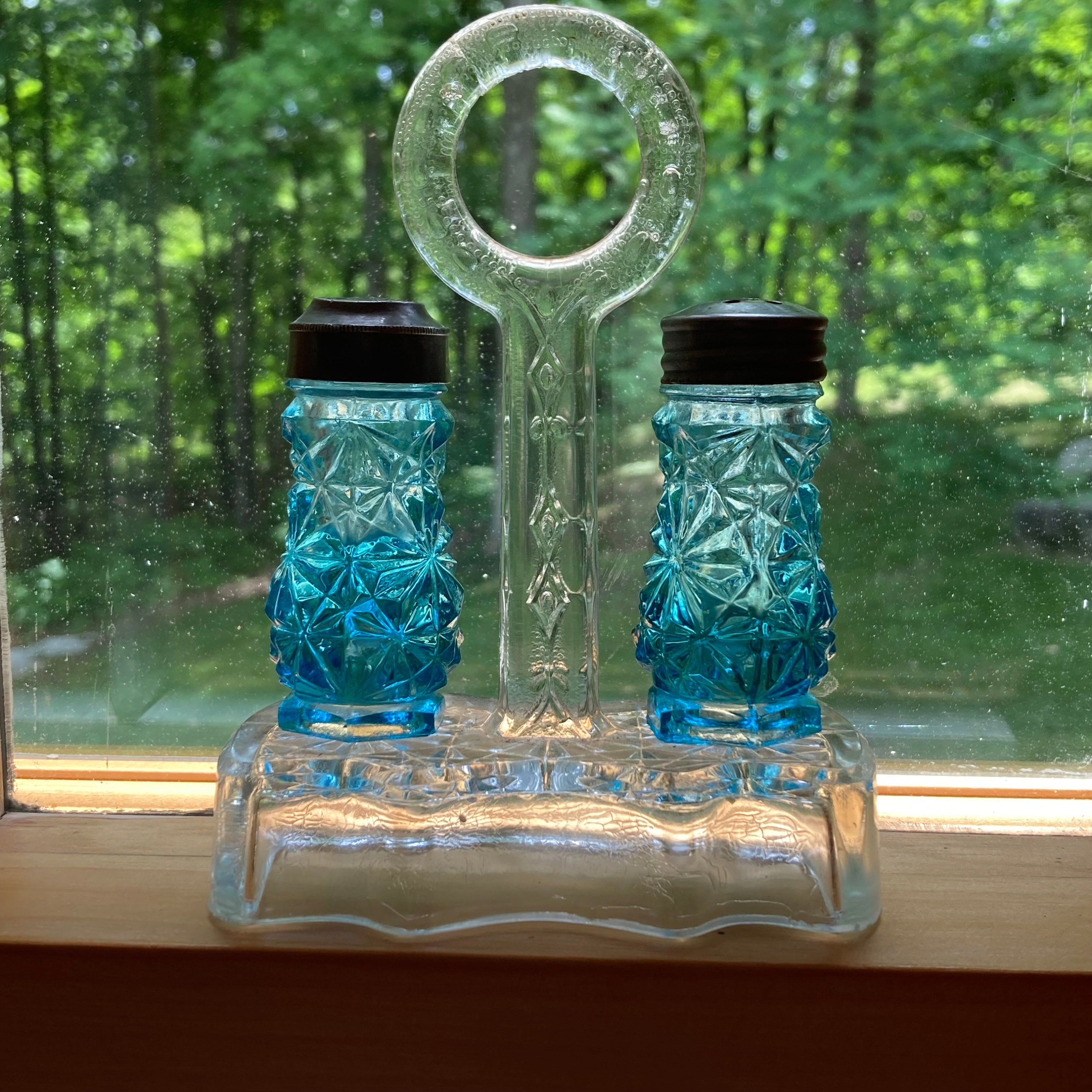 Antique Daisy and Button Slender Blue Glass Salt and Pepper Shaker